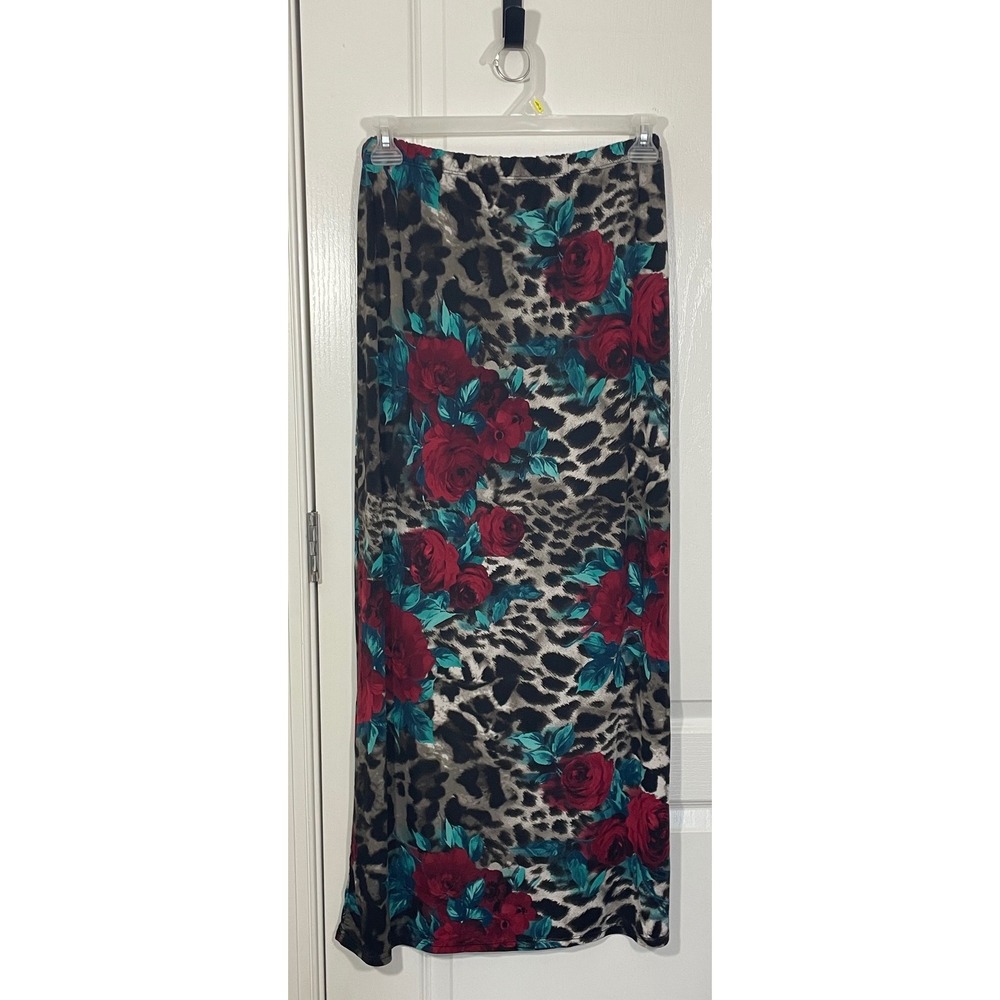 Come N See Women XL Leopard Red Rose Floral Maxi Skirt Whimsigoth Dark Fairy